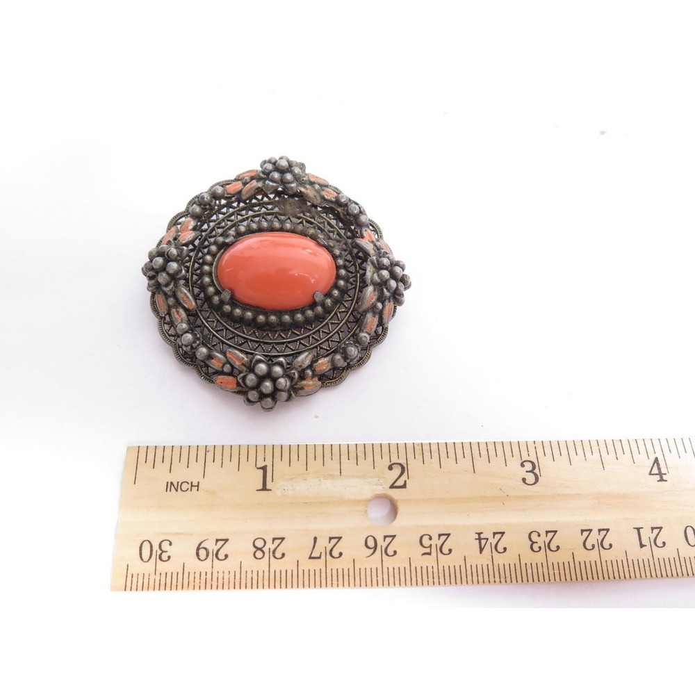 Vintage Czech Art Deco Nouveau Faux Coral Glass Floral Silver Plated Brooch Pin - Picture 4 of 4